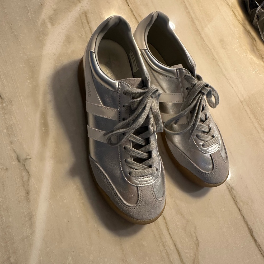 Gola Silver Lace-Up Sneakers with White Stripe - Picture 3 of 6